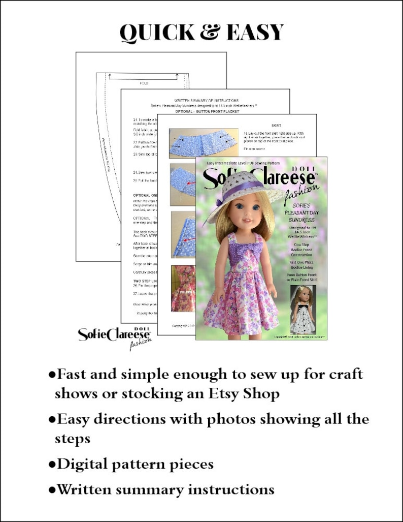 May include: A digital sewing pattern for a 18-inch doll sundress. The pattern includes instructions and photos for making a "Sofie's Pleasant Day Sundress" with a floral print. The pattern is described as "quick and easy" and includes digital pattern pieces and written instructions.
