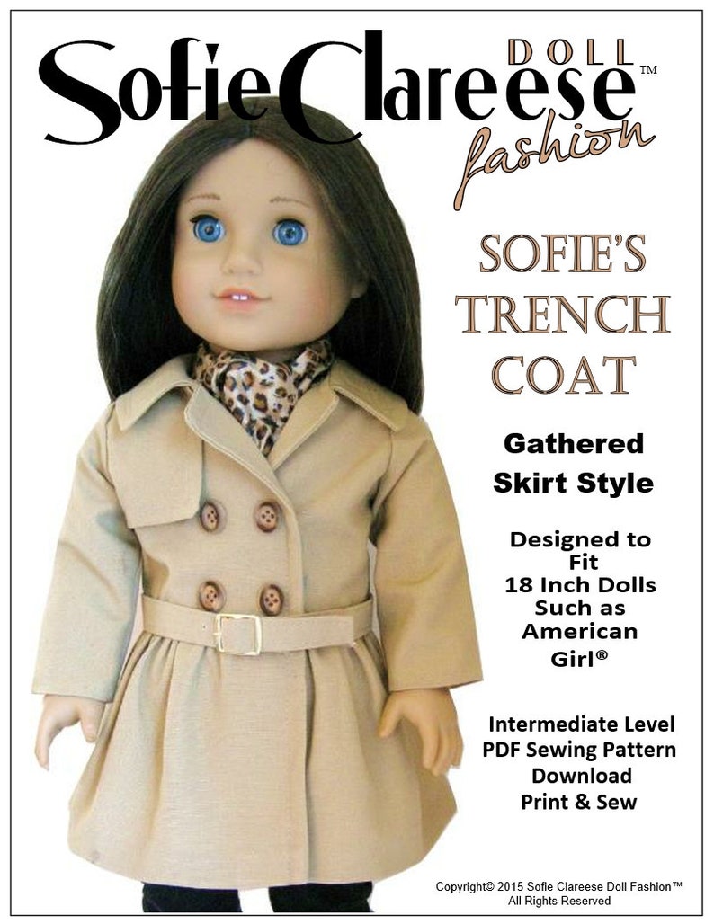 May include: A beige trench coat with a gathered skirt style, designed to fit 18-inch dolls. The coat has a double-breasted closure, a belt, and a brown leopard print scarf. The text "Sofie's Trench Coat" is visible in the image.