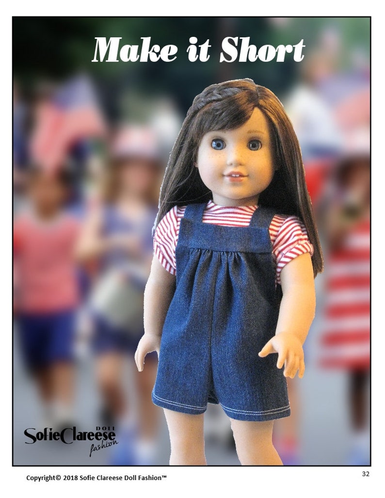 May include: A doll wearing a red and white striped shirt and denim overalls with a gathered waist. The doll has long brown hair and blue eyes. The background is blurred and shows other dolls.