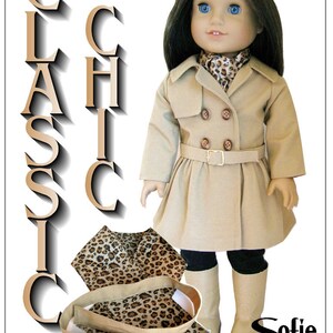 May include: A beige trench coat with a brown belt and a leopard print scarf. The doll is wearing black leggings and beige boots. The text "Classic Chic" is on the left side of the image and "Sofie Claresse" is on the right side of the image.