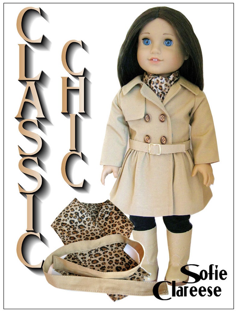 May include: A beige trench coat with a brown belt and a leopard print scarf. The doll is wearing black leggings and beige boots. The text "Classic Chic" is on the left side of the image and "Sofie Claresse" is on the right side of the image.