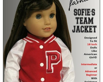 May include: A red and white varsity jacket with a white 'P' on the front. The jacket is designed to fit 18-inch dolls like American Girl dolls. The pattern is for intermediate or advanced sewers, or beginners with assistance. The pattern is available as a PDF download.