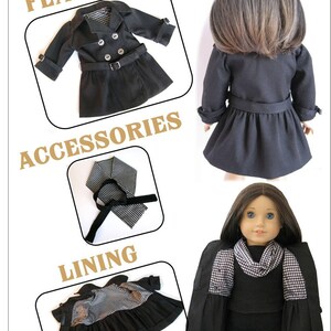 May include: A black trench coat with a black and white checkered lining. The coat has a belt and double breasted buttons. The coat is shown on a doll wearing a black and white checkered scarf.