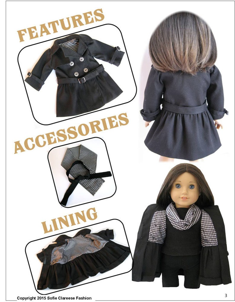 May include: A black trench coat with a black and white checkered lining. The coat has a belt and double breasted buttons. The coat is shown on a doll wearing a black and white checkered scarf.