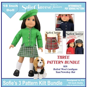 18 Inch doll clothes pattern, Sofie’s 3 Pattern Kilt, Jacket, Hat Bundle digital PDF by Sofie Clareese Doll Fashion