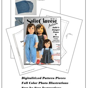 May include: A digital sewing pattern for a doll's jumper, pants, and dress. The pattern includes full-color photo illustrations and step-by-step instructions. The pattern is designed to fit 18-inch dolls, such as American Girl dolls.