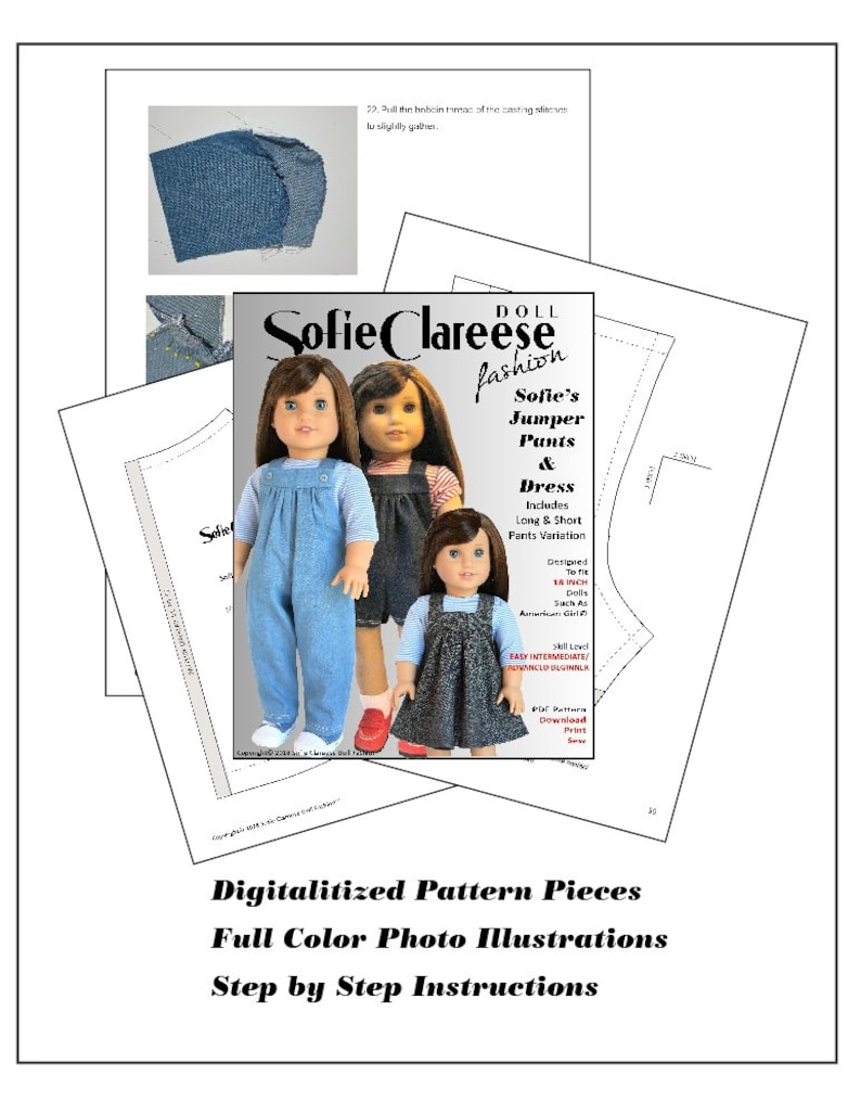 May include: A digital sewing pattern for a doll's jumper, pants, and dress. The pattern includes full-color photo illustrations and step-by-step instructions. The pattern is designed to fit 18-inch dolls, such as American Girl dolls.