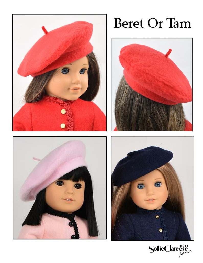 May include: Four different doll hats, including a red beret, a pink beret, a blue beret, and a red tam. The hats are all made of felt and have a simple design.