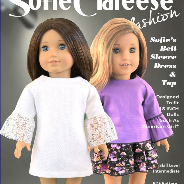 Sofie Clareese Doll Fashion, modèle de vêtements de poupée de 18 pouces, robe à manches cloche et format PDF numérique supérieur
