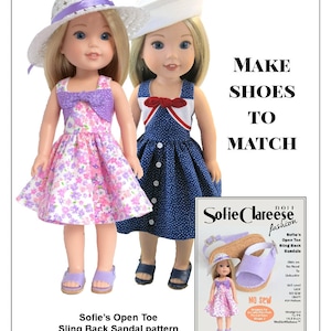 May include: Two dolls wearing dresses and hats, with a pattern for making open-toe sling back sandals for 14.5 inch dolls. The pattern is called "Sofie's Open Toe Sling Back Sandals" and is a no-sew design. The dolls are wearing the sandals in the image.