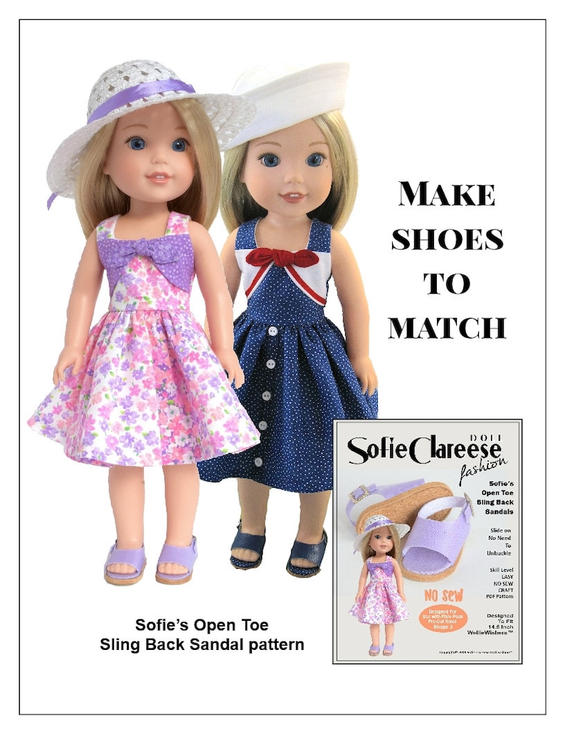 May include: Two dolls wearing dresses and hats, with a pattern for making open-toe sling back sandals for 14.5 inch dolls. The pattern is called "Sofie's Open Toe Sling Back Sandals" and is a no-sew design. The dolls are wearing the sandals in the image.