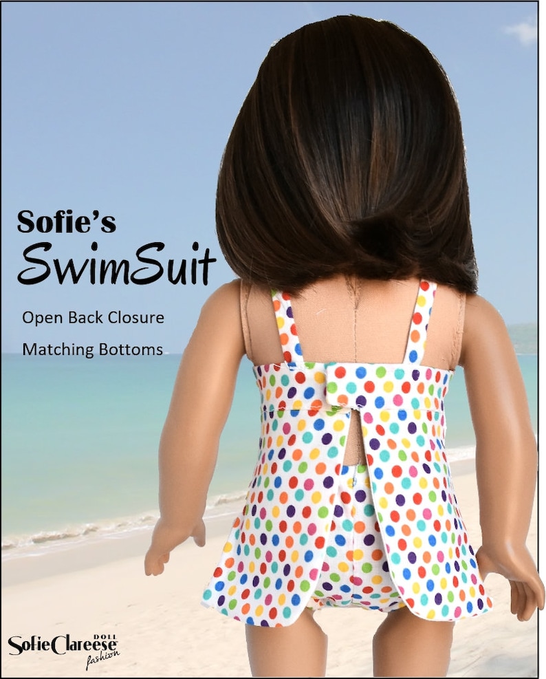 K&ouml;nnte beinhalten: Ein wei&szlig;er Badeanzug mit bunten Punkten. Der Badeanzug hat einen offenen R&uuml;ckenverschluss und passende H&ouml;schen. Der Text "Sofie's Swimsuit" befindet sich oben im Bild. Der Text "Open Back Closure" und "Matching Bottoms" befindet sich unter dem Namen des Badeanzugs. Der Text "Sofie Clareese Doll Fashion" befindet sich unten im Bild.