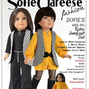 May include: A sewing pattern for a 18-inch doll jumpsuit set. The pattern includes a long or short jumpsuit, vest, and skirt. The pattern is designed to fit dolls such as American Girl® and Tonner My Imagine®. The pattern is available as a PDF download and is an intermediate skill level.