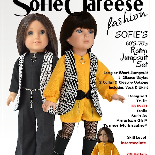 18 inch Doll Clothes Pattern-Sofie's 60s 70s Retro Jumpsuit Ensemble-Digital PDF by Sofie Clareese Doll Fashion