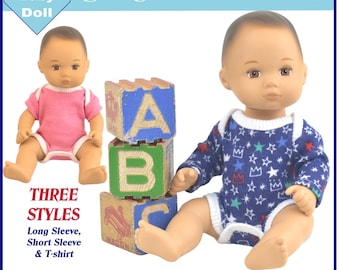 May include: A sewing pattern for an 8 inch baby doll bodysuit. The pattern includes three styles: long sleeve, short sleeve, and t-shirt. The pattern is designed to fit 8 inch dolls, such as Caring for Baby dolls. The pattern is intermediate level and is available as a PDF download.