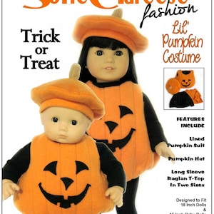 May include: A sewing pattern for a pumpkin costume for 18-inch dolls and 15-inch baby dolls. The pattern includes a lined pumpkin suit, a pumpkin hat, and a long-sleeve raglan t-top in two sizes. The pattern is called "Sofie Clareese Lil' Pumpkin Costume".