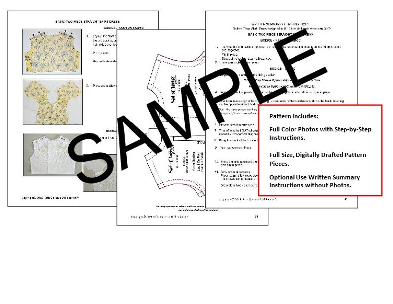 May include: A sewing pattern for a two-piece straight mini dress. The pattern includes full-color photos with step-by-step instructions, full-size digitally drafted pattern pieces, and optional written summary instructions without photos.