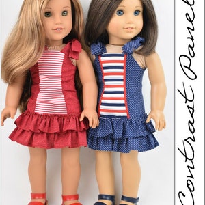 May include: Two dolls wearing red and blue striped dresses with ruffled hems. The dolls are wearing sandals and have long hair. The text "Contrast Panel" is written vertically on the right side of the image.