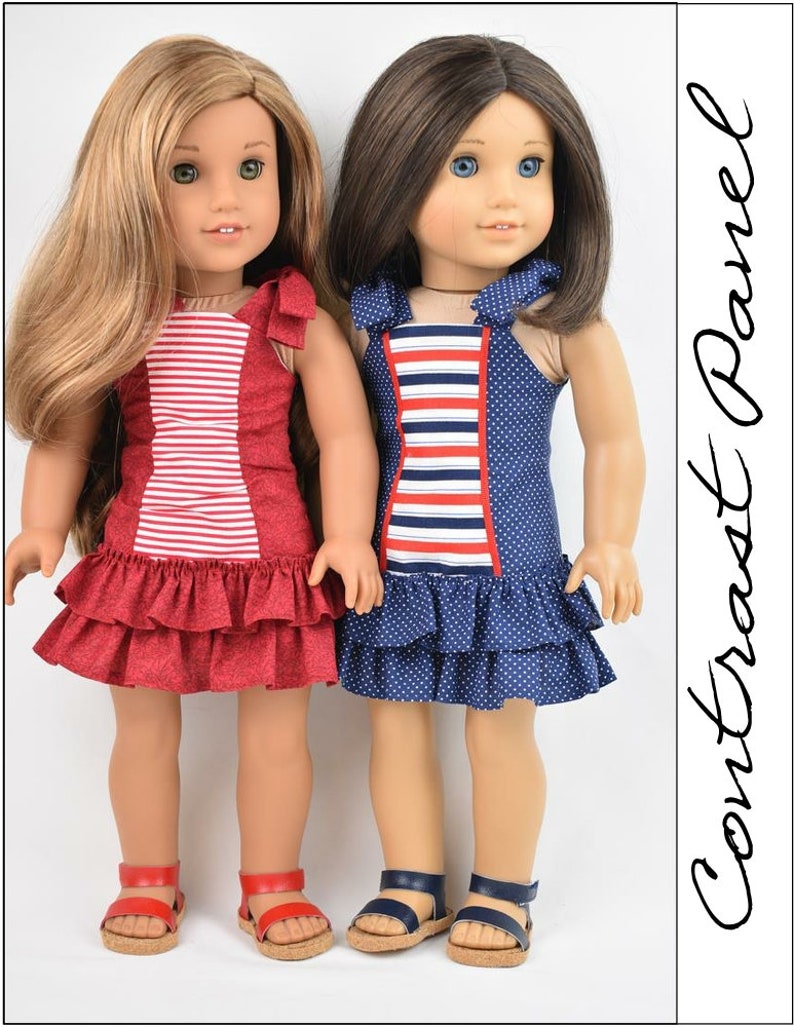 May include: Two dolls wearing red and blue striped dresses with ruffled hems. The dolls are wearing sandals and have long hair. The text "Contrast Panel" is written vertically on the right side of the image.