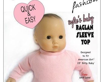 15 inch Baby Doll Raglan Sleeve T-Shirt Top, digital PDF sewing pattern designed to fit 15 inch dolls such as Bitty Baby American Girl®.