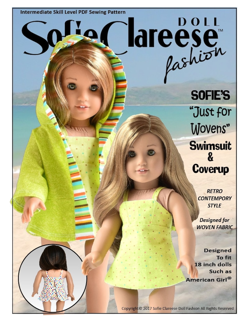 K&ouml;nnte beinhalten: Ein PDF-Schnittmuster f&uuml;r einen Badeanzug und eine Strandjacke f&uuml;r 45 cm Puppen. Das Schnittmuster ist im Retro-Stil gehalten und f&uuml;r Webware geeignet. Das Schnittmuster hei&szlig;t "Sofie's Just for Wovens" und ist f&uuml;r Puppen wie American Girl geeignet.
