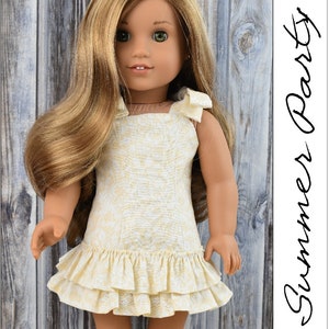 May include: A doll wearing a white dress with a ruffled hem and a bow on the shoulder. The doll has long blonde hair and green eyes. The doll is wearing sunglasses and is standing in front of a wooden background. The text "Summer Party" is written in black on a white background to the right of the doll.