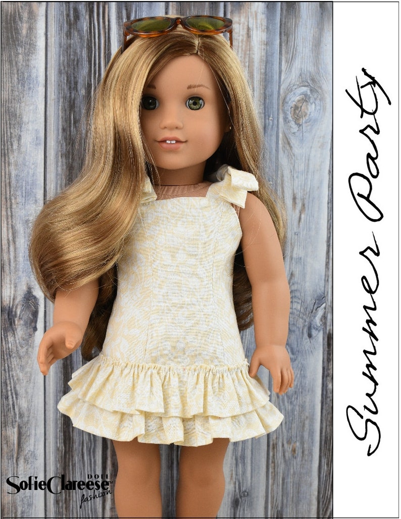 May include: A doll wearing a white dress with a ruffled hem and a bow on the shoulder. The doll has long blonde hair and green eyes. The doll is wearing sunglasses and is standing in front of a wooden background. The text "Summer Party" is written in black on a white background to the right of the doll.