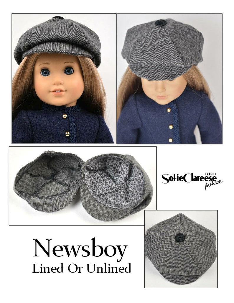 May include: Gray newsboy cap with a herringbone pattern and a black button on top. The cap is lined and unlined. Sofie Clareese Doll Fashion.