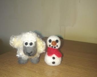 Warm winter bleatings to ewe! Little needle felted sheep and his snowman friend