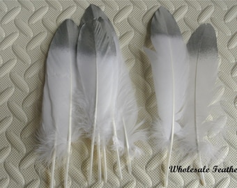 100 pcs white GOOSE feathers with silver Tips loose for craft supply 5-8 in (13-20 cm)