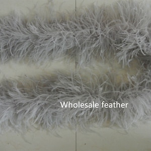 Pode incluir: Uma longa mecha de penas de avestruz cinza claro. As penas são macias e fofas, e estão dispostas em um padrão solto e fluido. O texto "Wholesale feather" está impresso na parte inferior da imagem.