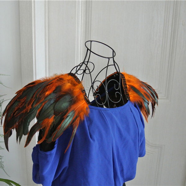 2 pcs Handmade orange rooster feather epaulette pads Carnival feather shoulder shrug burning man festival epaulettes