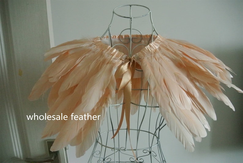 May include: A peach-colored feather shawl with a satin ribbon tie. The shawl is displayed on a wire mannequin.