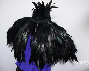 May include: Black feather cape with a high collar. The feathers are arranged in a layered pattern, creating a dramatic and elegant look.