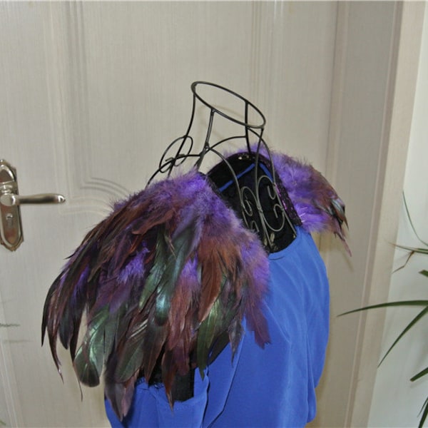 2 pcs Handmade purple rooster feather epaulette pads Carnival feather shoulder shrug burning man festival epaulettes