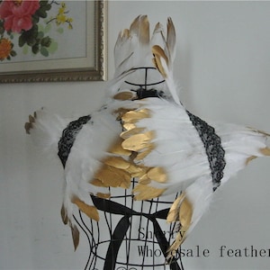 white with gold tip feather shawl shrug Feathers cape vintage capelet show girl supply decor
