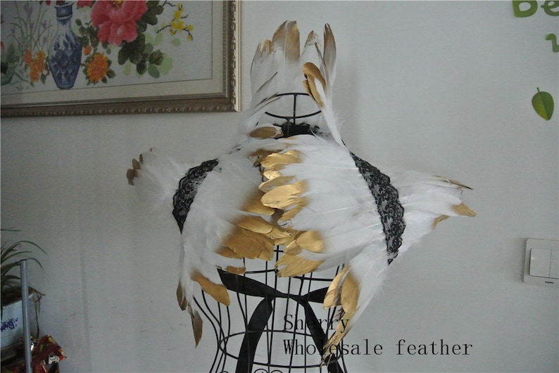 white with gold tip feather shawl shrug Feathers cape vintage capelet show girl supply decor