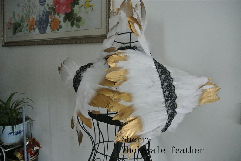 white with gold tip feather shawl shrug Feathers cape vintage capelet show girl supply decor