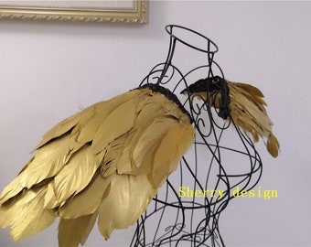 Handmade gold goose feather epaulette pads Carnival feather shoulder shrug burning man festival epaulettes for burning man supply