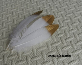 100 pcs white GOOSE feathers with gold Tips loose for craft supply 5-8 in (13-20 cm)