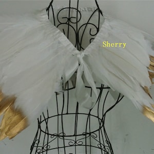 White feather cape with gold tip feather jacket shawl Goose feather cape Carnival feather shoulder shrug party costume
