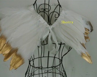 White feather cape with gold tip feather jacket shawl Goose feather cape Carnival feather shoulder shrug party costume