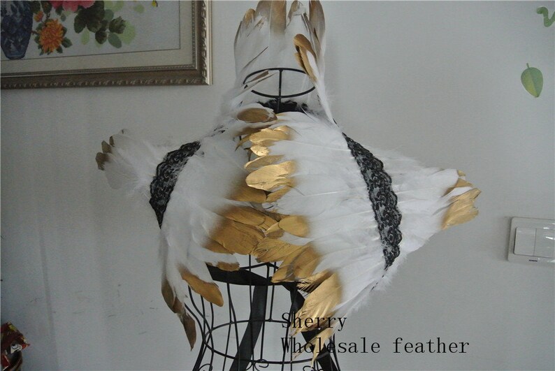 white with gold tip feather shawl shrug Feathers cape vintage capelet show girl supply decor