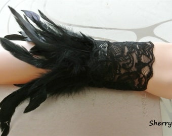 Black Feather WRIST CUFFS wrist bands cuff feather Bracelet handmade 2 pieces for showgirl supply