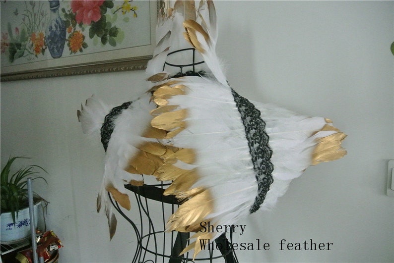 white with gold tip feather shawl shrug Feathers cape vintage capelet show girl supply decor