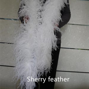 Pode incluir: Uma estola de penas brancas e fofas está drapeada sobre os ombros de uma pessoa. A estola é feita de penas longas e macias. O texto "Sherry feather" é exibido em branco na parte inferior da imagem.