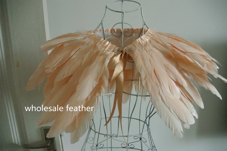 May include: A peach-colored feather shawl with a satin ribbon tie. The shawl is displayed on a wire mannequin.