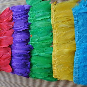 May include: Rows of colorful feather trim in orange, red, purple, green, yellow, and blue. Each row of feathers is sewn onto a fabric backing. The feathers are soft and fluffy, and the colors are vibrant.
