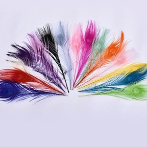 15 colors 50 pcs off white orange purple black yellow Gold royal blue turquoise red hot pink Lime green peacock feather for crafts hat decor
