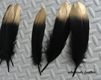 100 pcs black GOOSE feathers with gold Tips loose for craft costume supply 5-8 in (13-20 cm)